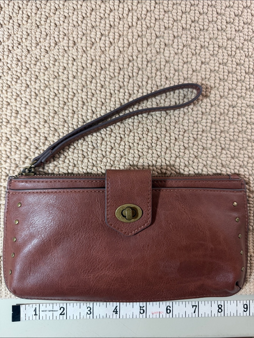 Maurices Brown Leather Wristlet Clutch with Turn-Lock